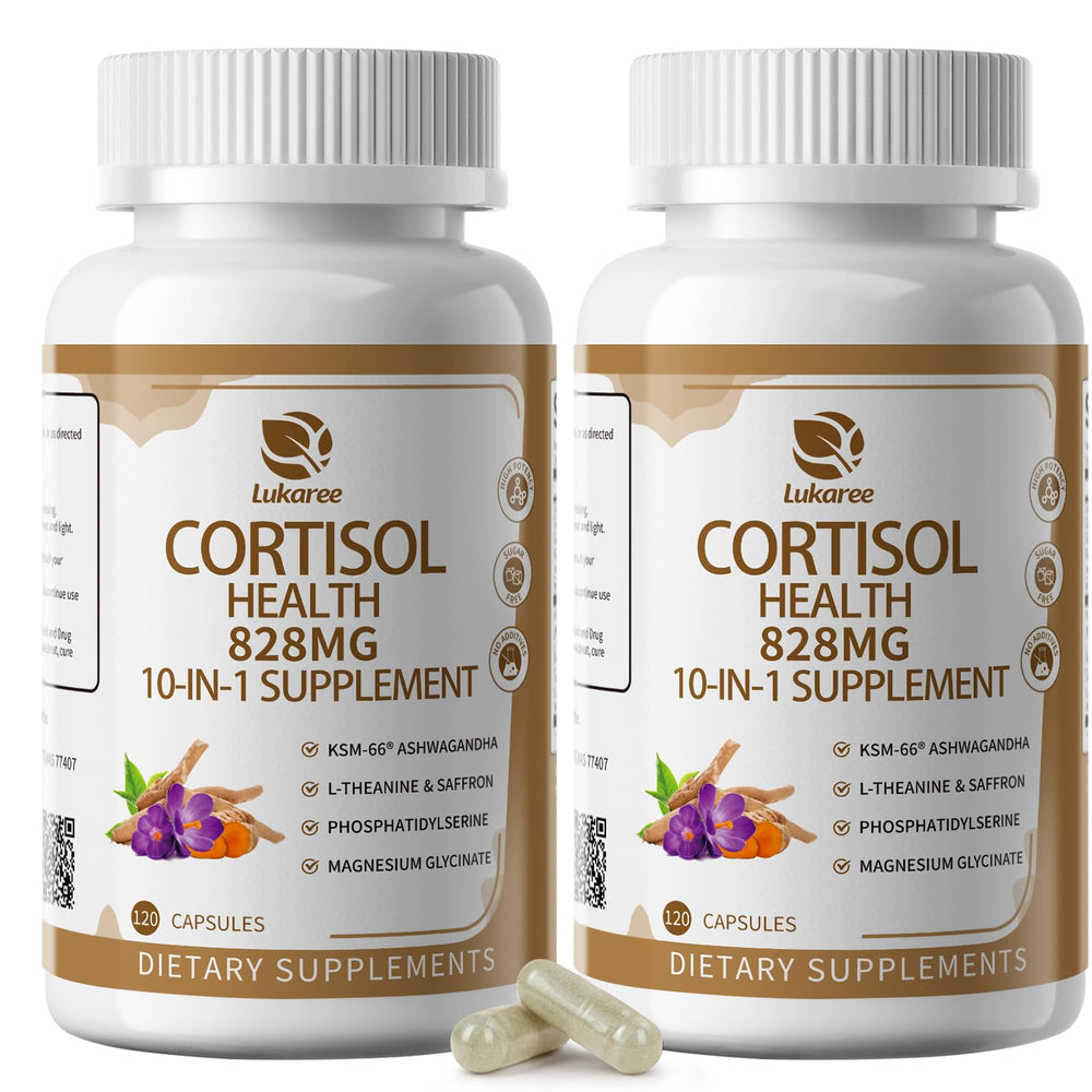 Lukaree 10-in-1 cortisol bottle front label showing 60-day daily balance.