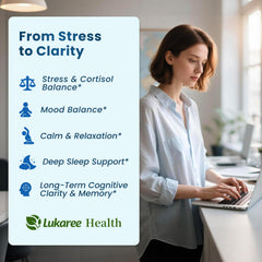Lukaree Ashwagandha bottle showcases stress balance support for balanced days.