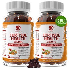 Lukaree cortisol supplements bottle shows 15-in-1 formula for daily calm and focus.