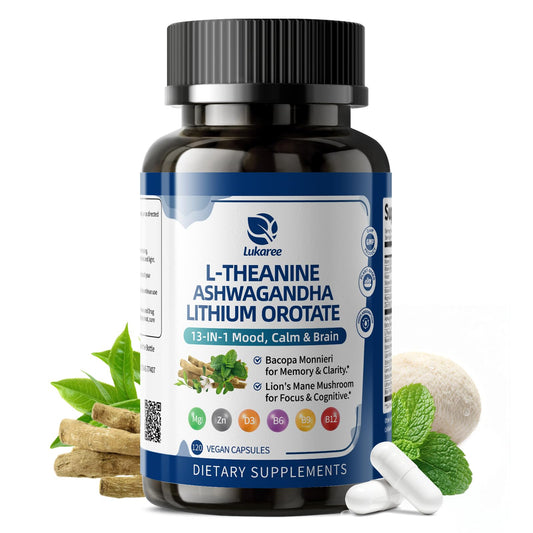 Lukaree Lithium Orotate 10mg bottle highlighting a gentle mood support formula.