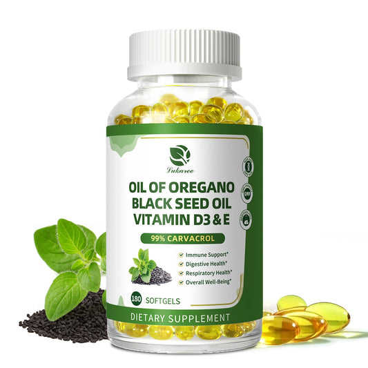 Lukaree Organic Oregano Oil Capsules bottle displays 180 softgels for daily immune and digestive support