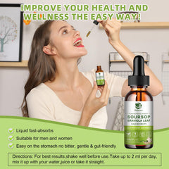 Lukaree Pure Soursop Leaf Extract Drops liquid clarity close-up, illustrating absorption potential.