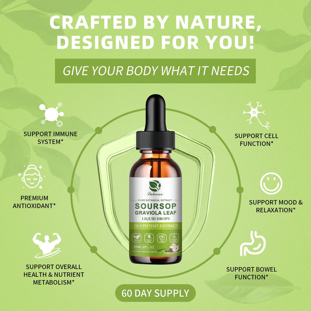 Lukaree Pure Soursop Leaf Extract Drops pouring into a glass for easy use.