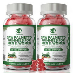 Lukaree Saw Palmetto gummies bottle highlighting the 15-in-1 formula for daily vitality.