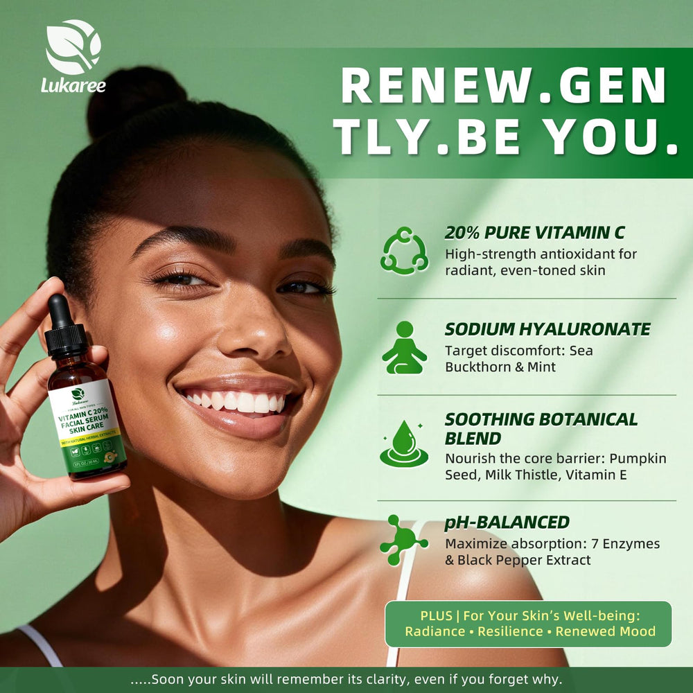 Lukaree Vitamin C Serum ingredients bottle emphasizing botanical components