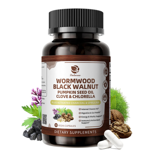 Lukaree Wormwood Black Walnut Cleanse bottle shown for convenient daily gut support.