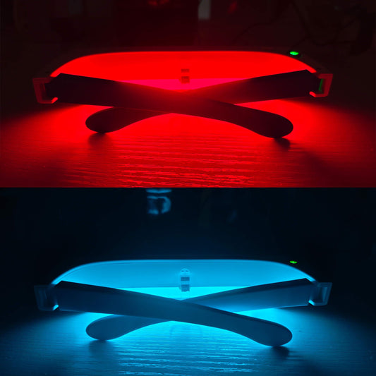 Lukirch Dual Light Therapy Glasses worn over prescription glasses for hands-free light exposure.