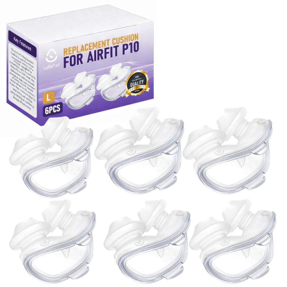 Lullapad AirFit P10 nasal pillow packaging showing six-pack value and replacements
