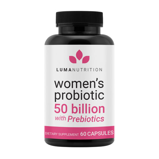 Luma Nutrition Probiotics for Women bottle highlighting 50B CFU for gut and vaginal support.