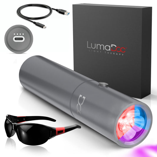 LumaDoc red light therapy torch front view for targeted muscle relief