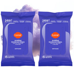 Lume acidified deodorant wipes with soft powder scent for quick refresh.