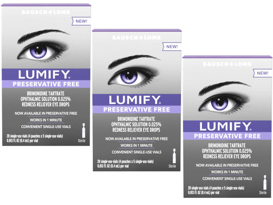 Lumify preservative-free eye drops packaging ready for redness relief.