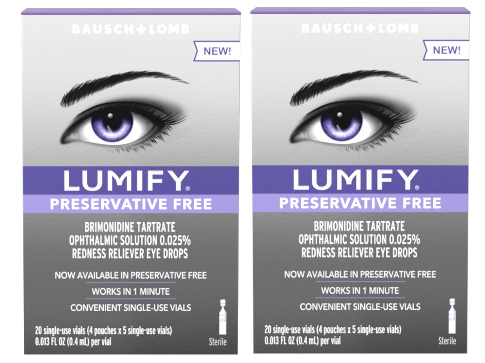 Lumify preservative-free eye drops two-pack bottles for gentle redness relief.
