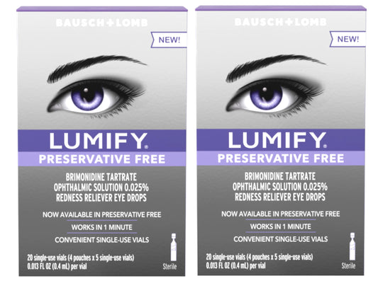 Lumify preservative-free eye drops two-pack bottles for gentle redness relief.