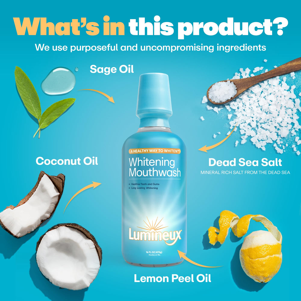 Lumineux mouthwash bottle on a shelf for a peroxide-free routine