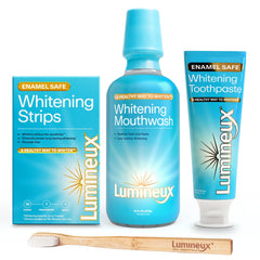 Lumineux teeth whitening strips on a counter demonstrating easy at-home stain removal
