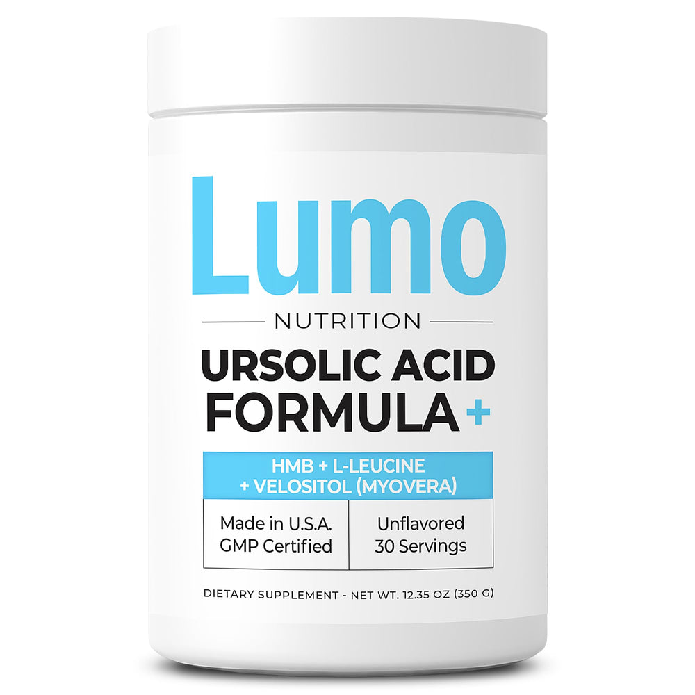 Lumo Nutrition Ursolic Acid Formula bottle promotes potential muscle recovery and strength support