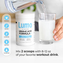 Lumo Nutrition Ursolic Acid Formula mix in shaker emphasizes clean ingredients for athletic performance