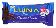 LUNA Bar Chocolate Cupcake pack shows gluten-free, plant-based snack for on-the-go nourishment.