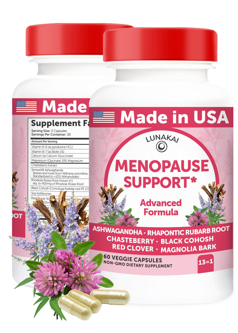 Lunakai 13-in-1 menopause bottle front shows vegan capsules for daily support.