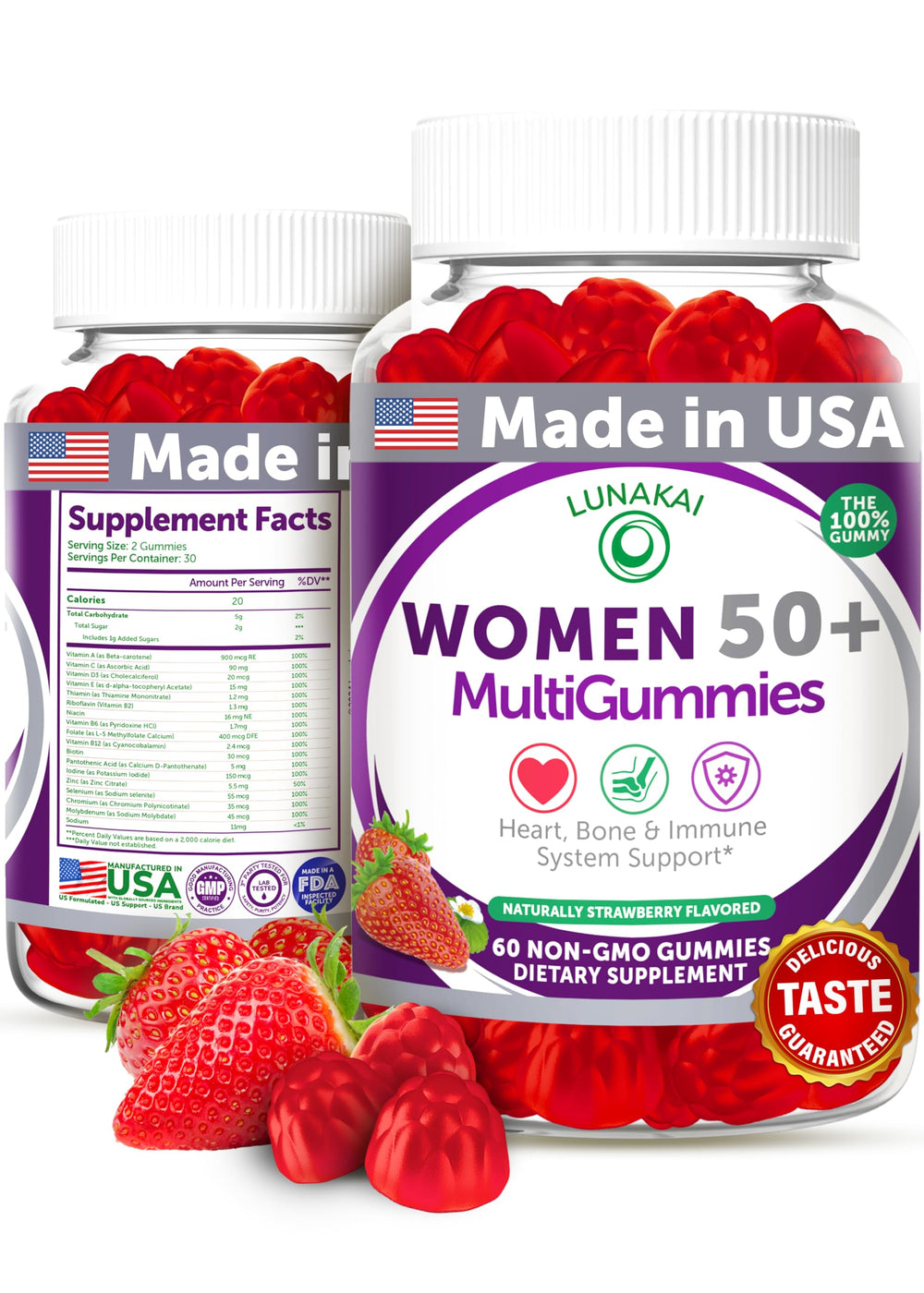 Lunakai 50+ multivitamin gummies bottle, supports daily energy and vitality.