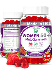 Lunakai 50+ multivitamin gummies bottle, supports daily energy and vitality.