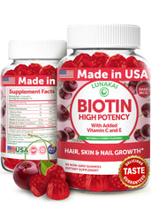 Lunakai biotin gummies bottle with cherry flavor for hair, nails, and skin.