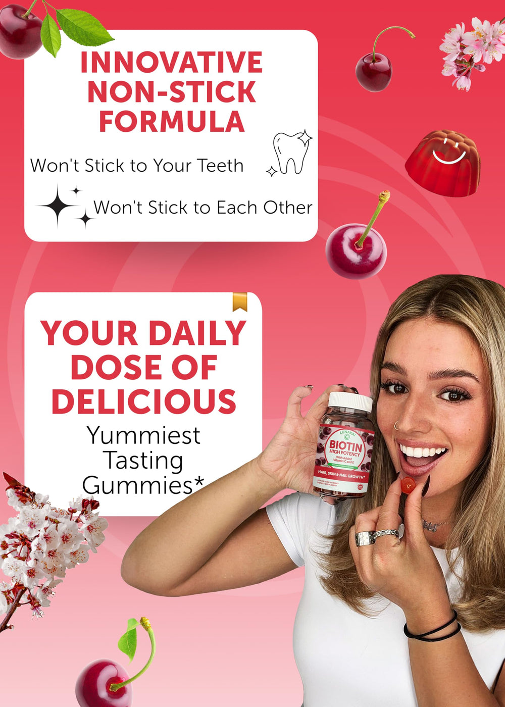 Lunakai biotin gummies bottle label highlights 5000mcg biotin and vitamins C & E.