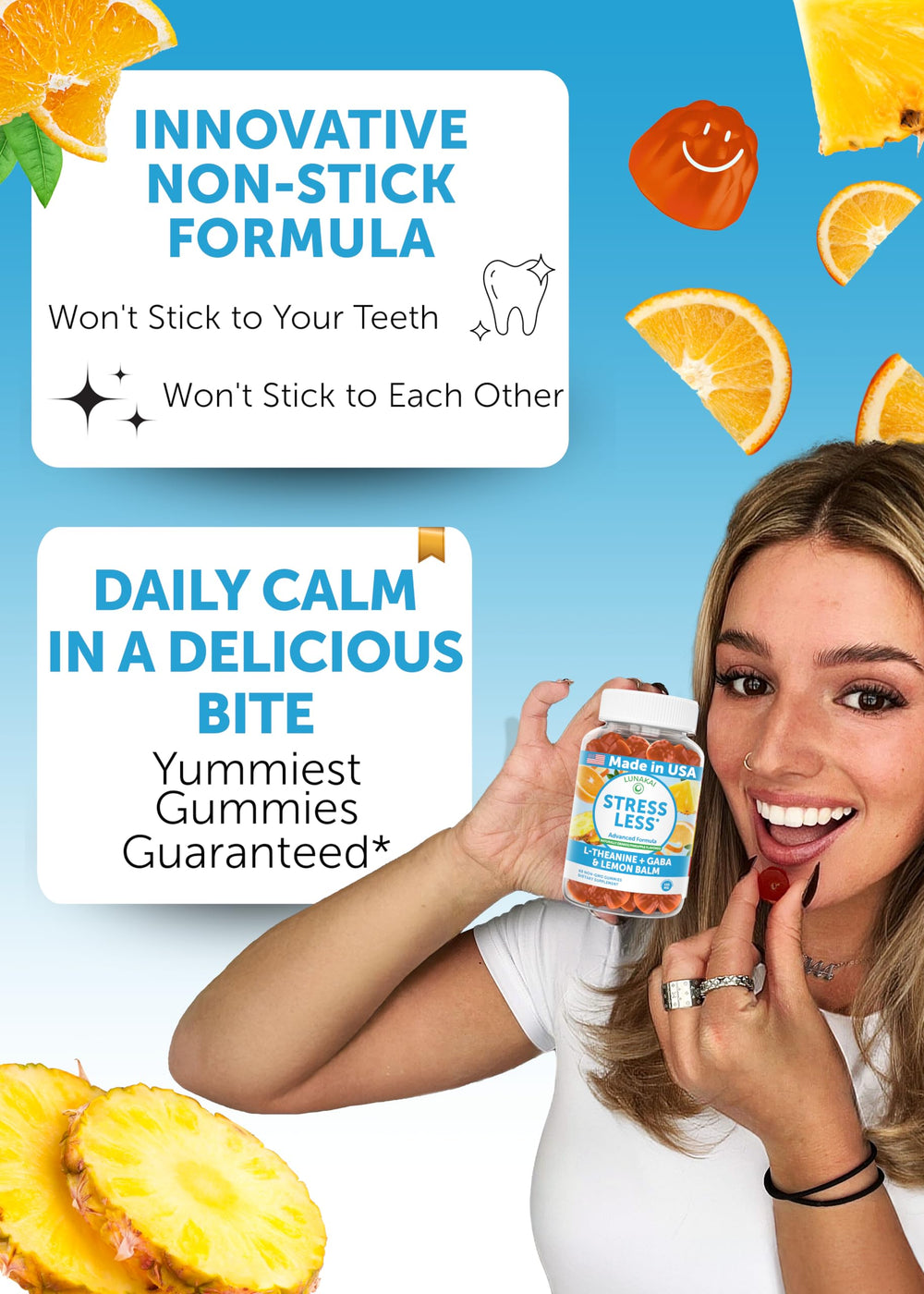 Lunakai Calm Gummies packaging shows USA-made quality and clean ingredients