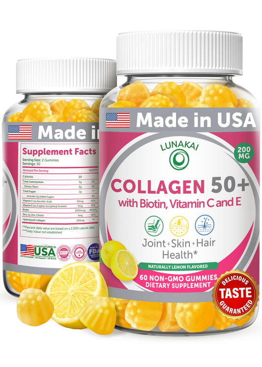 Lunakai collagen gummies lemon bottle promotes skin elasticity and joints.