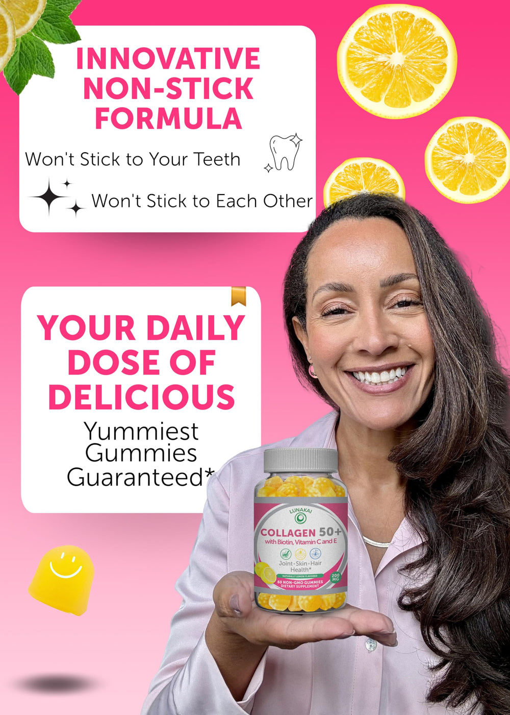 Lunakai collagen gummies for women over 50; daily routine for aging skin and nails.
