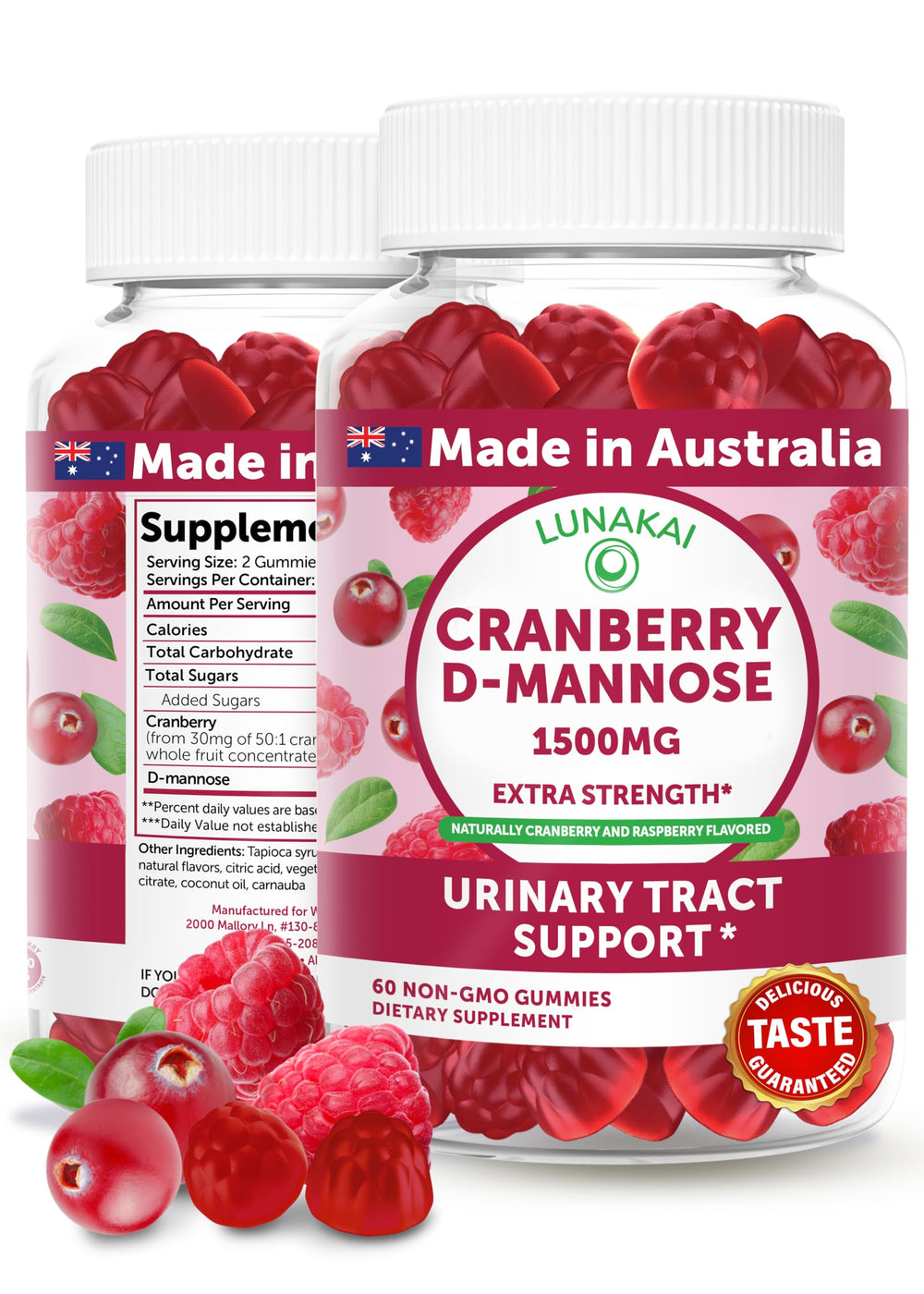 Lunakai Cranberry Gummies bottle on display, supporting daily urinary wellness.