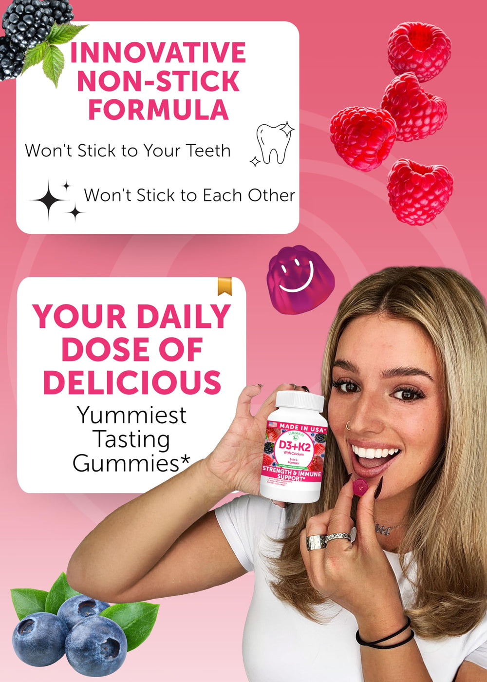 Lunakai D3 K2 Calcium Gummies berry flavor appeals to families.