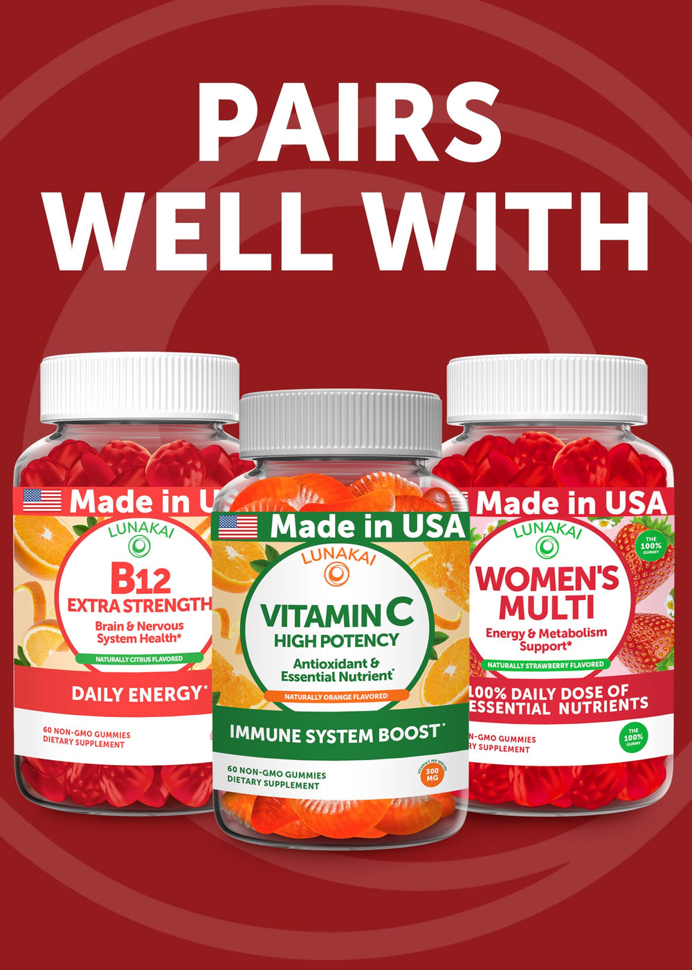 Lunakai iron gummies with vitamin C, B12 and folate support.