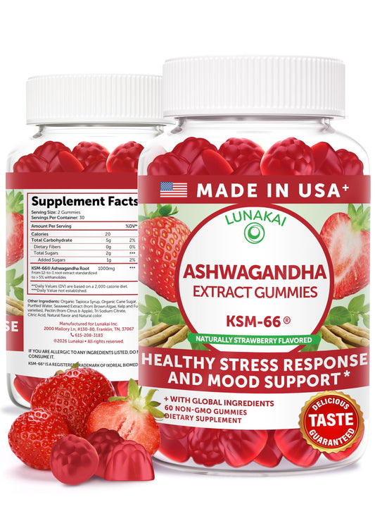 Lunakai KSM-66 Ashwagandha gummies bottle supports daily calm and routine