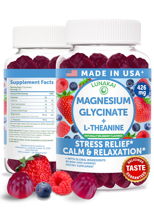 Lunakai magnesium glycinate gummies wildberry bottle for daily support.