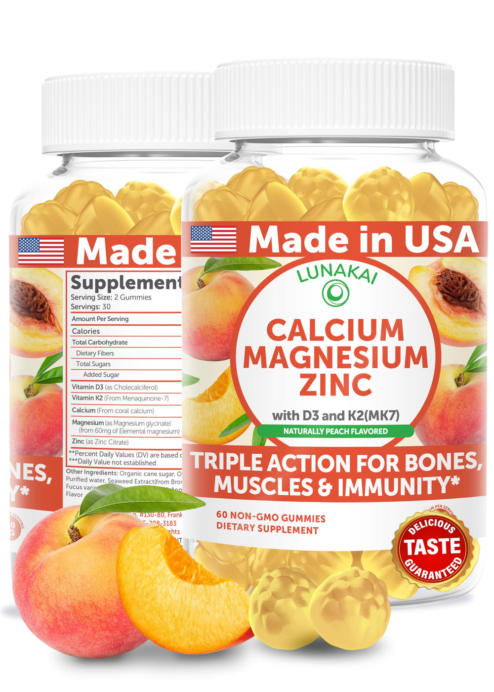 Lunakai peach-flavored gummies bottle for tasty daily bone and immune support.