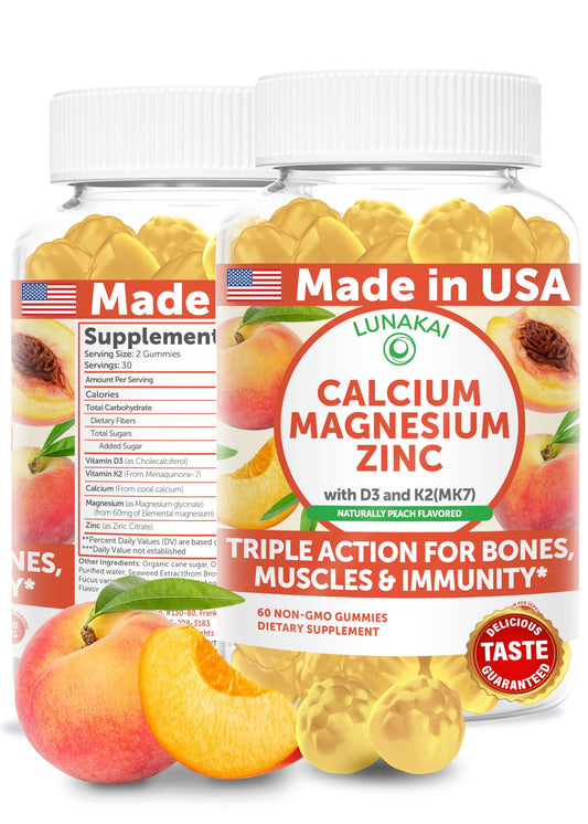 Lunakai peach-flavored gummies bottle for tasty daily bone and immune support.