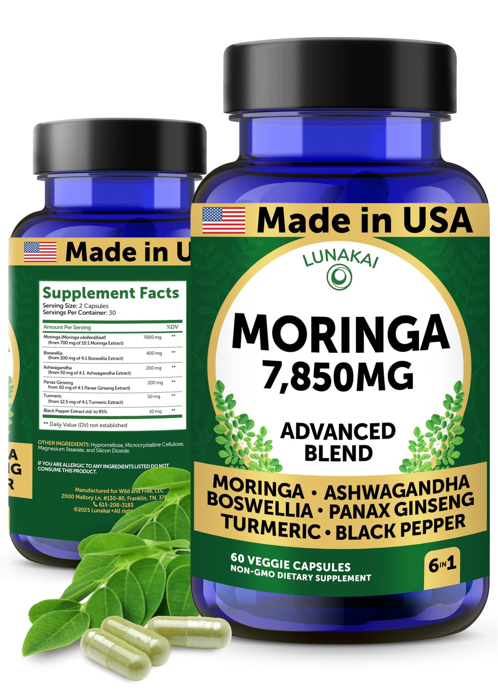 Lunakai Pure Moringa Capsules Bottle – convenient daily wellness boost.