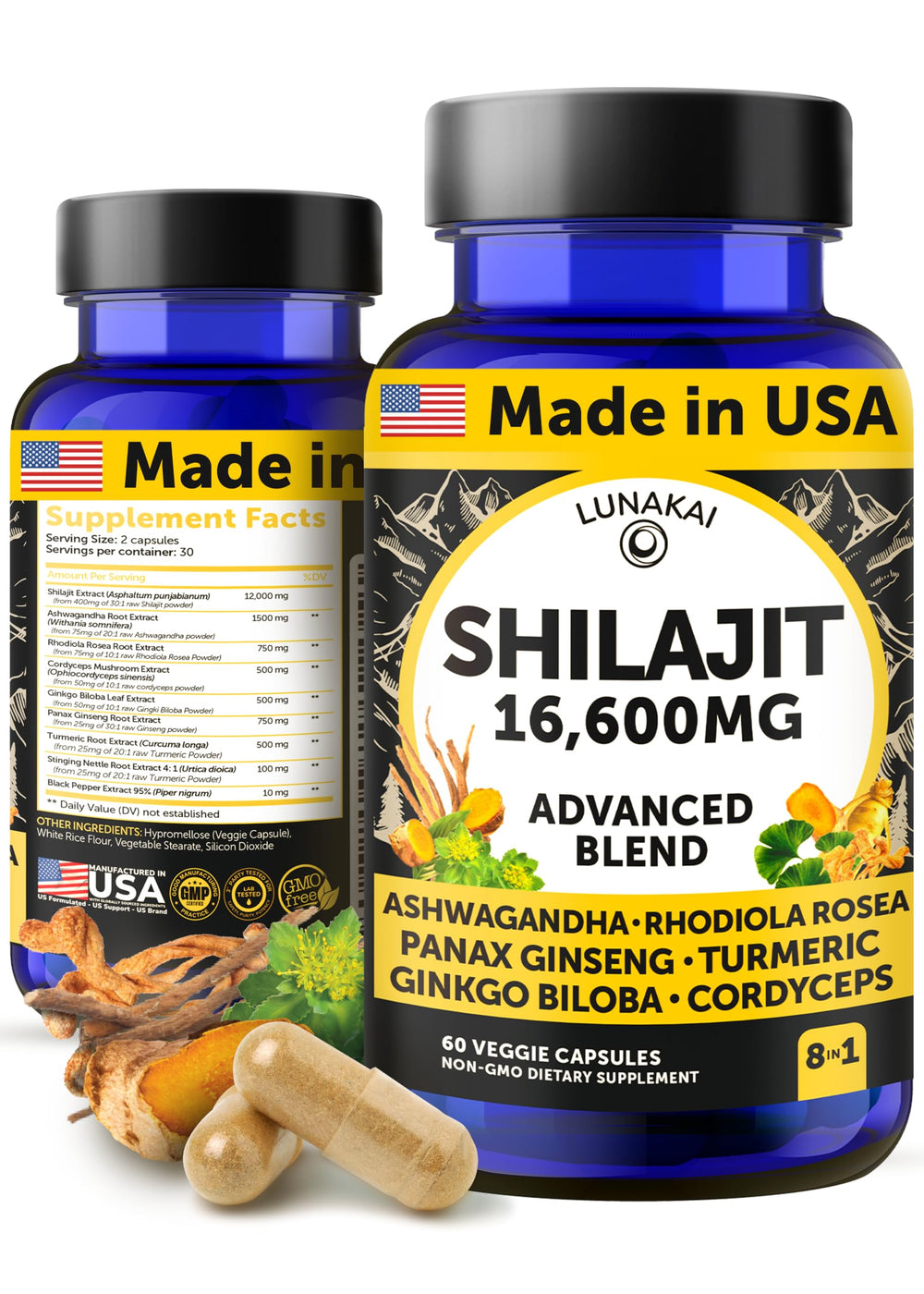 Lunakai pure Shilajit capsules bottle ready for daily energy and wellness support.