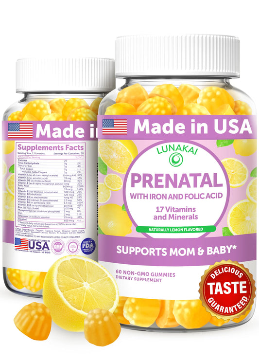 Lunakai prenatal gummies bottle with lemon flavor for easy daily nutrition.