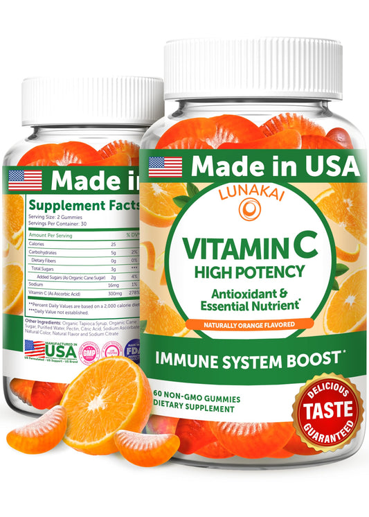 Lunakai Vitamin C gummies orange bottle for daily immune support.