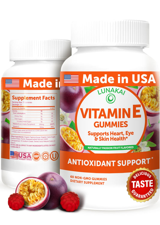 Lunakai Vitamin E Gummies bottle front for daily antioxidant-friendly routine.