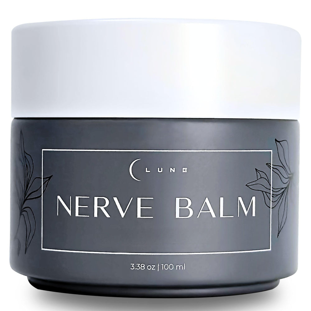 Lune Nerve Balm bottle pour shows fast-absorbing, non-greasy formula for daily use.