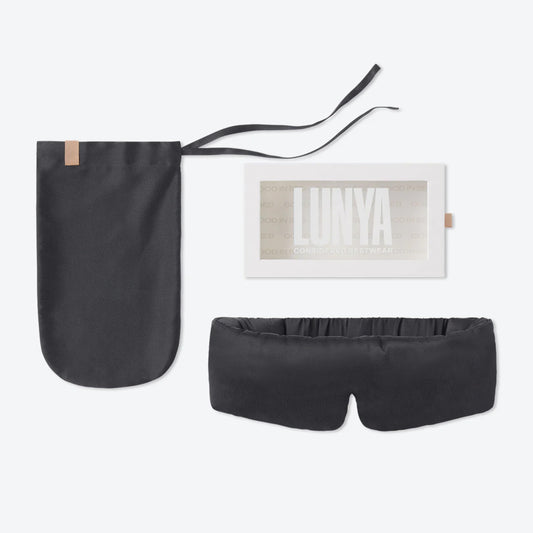 Lunya sleep mask close-up fabric texture, breathable silk for comfort.