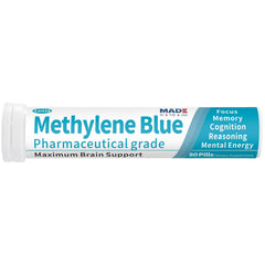 Lunza Methylene Blue bottle pour showing easy-to-take tablets for daily cognitive support
