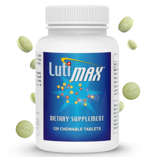 Luti Lutimax bottle on a clean desk suggesting brain support and immune wellness.