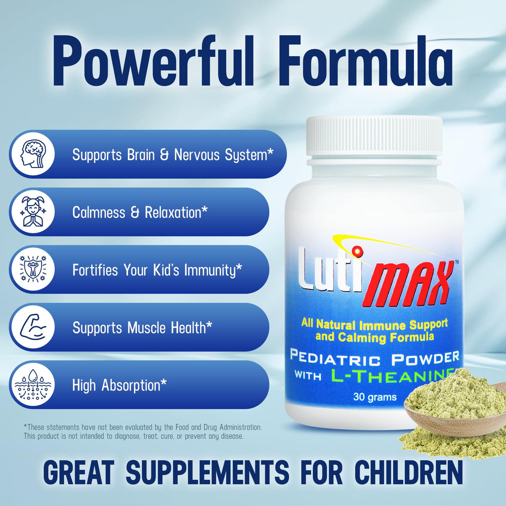 Lutimax pediatric powder mixed into a beverage for kids