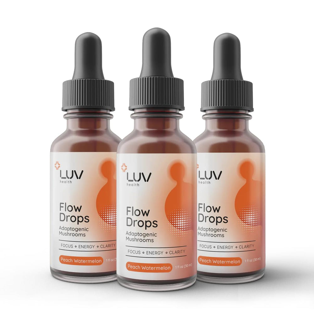 LUV health Flow Drops bottle pour showing convenient liquid energy and focus.