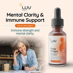 LUV health Flow Drops glass bottle label with USA-made quality cues.